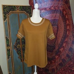 Camel Shirt w/ White Embroidery on Sleeves & Neck